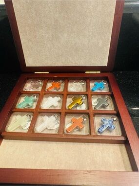 12 Gemstone Cross Pendant Necklace Set w/ Wooden Display Box & Chains